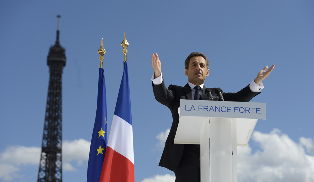 France's President and UMP party candidate for his re-election in the 2012 French presidential elections, Nicolas Sarkozy, delivers a speech at Trocadero square in Paris